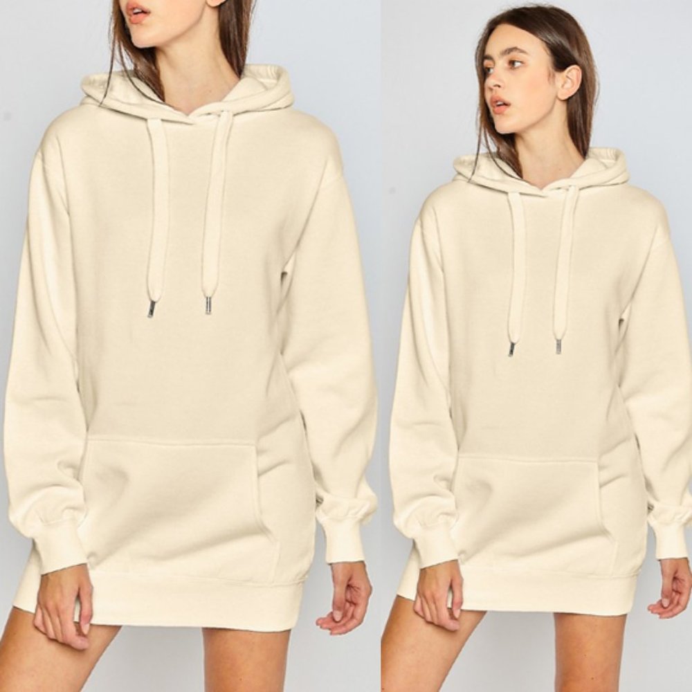 NEW Cream Hoodie Hooded Long Sleeves Ultra SOFT Cozy Long Sweatshirt Tunic Dress